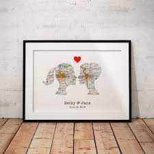 Custom Map Print Lesbian Wedding Gift Bride Silhouette Etsy Map Heart Art Couple Gifts Lesbian Wedding Gifts
