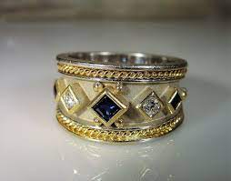 18k Gold Ring Etruscan Revival Ring Byzantine Etruscan Ring Genuine Sapphires Diamonds Vintage Ring Right Hand Ring Band Size 6 75 18k Gold Ring Genuine Sapphire Right Hand Rings