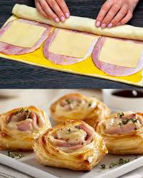 Ham and Cheese Puff Pastry Pinwheels Ingredients Puff Pastry: 1 sheet  (about 250 g), thawed Ham: 150 g (6 slices), thinly sliced Cheese: 1 cup  (100 g), shredded (cheddar, mozzarella, or your
