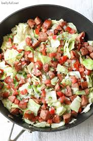 However, you can add 1/2 cup of chopped onion when you add the garlic if you wish — but it does increase the carbs to just over 7 net carbs per serving. Mexican Kielbasa And Cabbage Skillet Belly Full