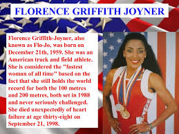 Flo jo florence griffith joyner world and olympic record holder of the women's 100m and 200m dash set in 1988. Florence Griffith