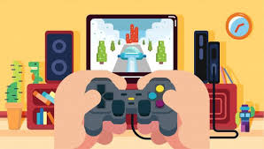 Playing Car Racing Video Game In The House With Green Dino And Robot Brown Cupboard And Clock Flat Yellow Wall Horizontal In 2020 Racing Video Games Car Racing Video Playing Character