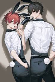 zeno, maeno aki, absurdres, highres, 2boys, animal ears, braid, candy,  fang, food, formal clothes, fujo0t4ku, gloves, lollipop, looking at viewer,  looking back, male focus, male playboy bunny, multiple boys, rabbit ears,  rabbit tail, shirt, suit, tail, tsugino haru,