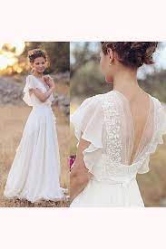 Elegant A Line Ivory Flower Cap Sleeve V Neck Chiffon Open Back Wedding Dresses Uk A Line Wedd Outdoor Wedding Dress Elegant Wedding Dress A Line Wedding Dress