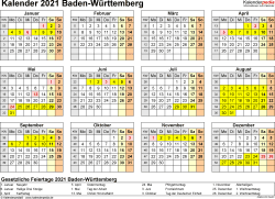 Hälfte mit kalenderwochen und feiertagen. Kalender 2021 Baden Wurttemberg Ferien Feiertage Pdf Vorlagen