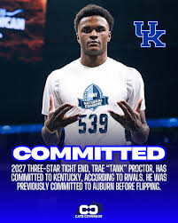 BREAKING: 2027 three-star tight end, Trae “Tank” Proctor, has committed to  Kentucky Football, according to Rivals. He was previously committed to  Auburn before flipping.