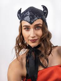 Black Evil Sparkle Vintage Bonnet With Horns Halloween Devil Woman Vintage  Bonnet Cosplay Costume Party