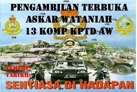 For more information and source, see on this link : 13 Kompeni Kptd Askar Wataniah Pengambilan Askar Wataniah Kor Polis Tentera Diraja Siri 1 2017 Bagi Sekitar Kuala Lumpur Dan Selangor Tempat 13 Komp Kptd Aw Kem Sg Buloh Selangor Pakaian Bersesuaian Kemas Syarat2