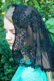 Evintage Veils~ Our Lady of Fatima Black Short Embroidered Lace Chapel Veil  Mantilla D Shape Latin Mass