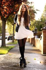 White Dress Black Stockings Leather Jacket And Boots Fashion Style Outfits