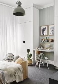 This Scandi Style Kid S Room Has An In Built Study Nook With Grey Carpet And A Dulux Spanish Olive Feature Wall This Renova Small Kids Bedroom Home Interior