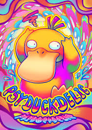 ry-spirit, psyduck, creatures (company), game freak, nintendo, pokemon,  commentary, english commentary, highres, animal focus, arms up, artist  name, gen 1 pokemon, hands on own head, no humans, outline, psychedelic,  solo, water drop,