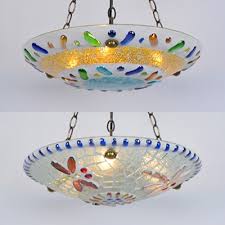 Crafted from metal with a seeded glass shade, this design features hardware in your choice of finish, making it easy to incorporate into a variety of existing decor styles. Living Room Bowl Pendant Light Stained Glass 16 Inch Tiffany Style Inverted Chandelier Beautifulhalo Com