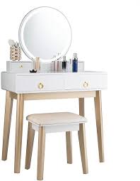 Amazon Com Goflame Vanity Table Set 3 Color Led Lighting Modes Touch Screen Dimming Mirror Jewelry Divider Dres In 2020 Vanity Table Set Vanity Table Storage Shelves