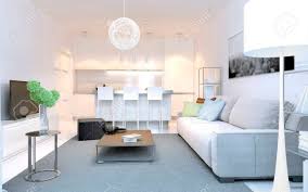 Historically, a sofa is an upholstered bench with cushions, two arms and space for multiple people to sit. Bright Interior Of Modern Lounge Studio Snowy White Walls And Stock Photo Picture And Royalty Free Image Image 46415508