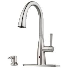 Which is the best pulldown kitchen sink faucet? Pfister Raya Spot Defense Stainless Steel 1 Handle Deck Mount Pull Down Touchless Kitche Touchless Kitchen Faucet Kitchen Faucet Stainless Steel Kitchen Faucet