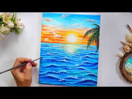 After the first set of buildings have dried, mix a slightly deeper shade of red for the second row. A Sunset Near A Sea Painting Step By Step Tutorial For Beginners Myhobbyclass Com Learn Drawing Painting And Have Fun With Art And Craft