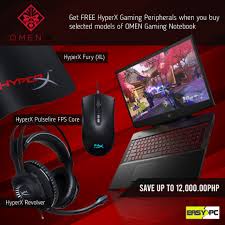 Conquer every game! with OMEN by HP. Be Gaming Ready with HyperX, Get Free HyperX Gaming Peripherals for every purchase of selected OMEN Gaming Laptops now! at your nearest EASY PC Retail