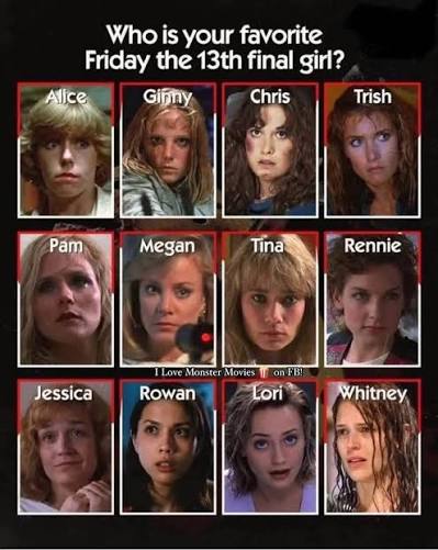 Someone asked us if you removed the big 6 (Laurie, Sidney, Ripley, Nancy,  Kirsty and Ginny) who our favorite final girl is. It's a good question.  Think we have it down to