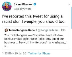 Twitter bans indian actress kangana ranaut for hateful posts. Swara Bhasker Reports Team Kangana Ranaut S Tweet For Mentioning A Racist Slur