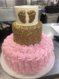Three Tier Baby Shower Cake With Pink Rosette Tier Gold Textured Tier And Smooth Gold Baby Shower Cake Baby Shower Cakes Girl Pink Princess Baby Shower Cake
