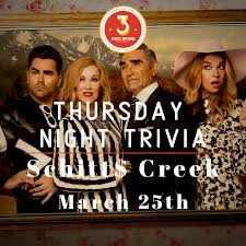 The pop original series schitt's creek is on its fifth season, and despite the unknown network, it has become a major hit both in its native canada and in the u.s. Thursday Night Trivia Schitt S Creek March 25th 3 Nations Brewing