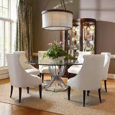 Bring luxurious style to your dining room with the. Omni Metal Base Dining Table And Upholstered Chair Set By Century At Baer S Furniture Glass Dining Room Table Dining Room Furniture Sets Round Dining Room