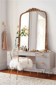 Furniture Grey Makeup Table And Large Mirror With Golden Frame Also White Fur Chair Ideas Cute Color Of Makeup Table Ideas Bedroom Vanity Room Decor New Room