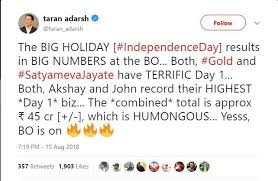 Satyameva Jayate Box Office Collection Day 2 John Abraham Film Inches Towards Rs 50 Crore Movies News 'gold' which stars akshay kumar in the lead has gone on to collect rs 15.25 crore on its first sunday at the box office which has taken its total collection to a staggering figure of. satyameva jayate box office collection