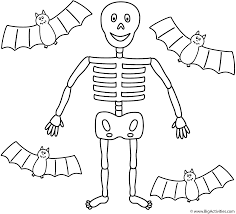 Skeleton coloring pages are great for learning human anatomy and especially fun for halloween. Skeleton With Four Bats Coloring Page Halloween