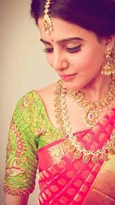 The colour combination of this saree suits very well to her skin tone. Actress Samantha Looks Beautiful In This Picture The Look Is Accentuated By A Maanga Haaram A Indian Bridal Sarees Samantha In Saree Bridal Blouse Designs