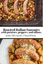 Roasted Italian Sausages With Potatoes Peppers And Onions Slender Kitchen Recipe Roasted Italian Sausage Sausage Dishes Stuffed Peppers