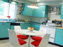 Retro L Shaped Light Blue Kitchen With Red Accents Kitchen Redandteal Light Blue Kitchens Home Decor Blue Kitchens