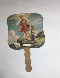 Vintage Funeral Home Fan Mortuary Paper Giveaway Fan With Wood Handle Greenwood Sc Guardian Angel With Children Mabel Roll Steampunk Images Vintage Fans Art