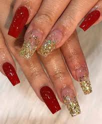 Since acrylic nails are a combination of liquid monomer and powder polymer when applied to your nails and exposed to the air, they form a hard layer, so you're guaranteed to 22. 65 Christmas Holiday Coffin Nail Designs In Red And Gold Gold Acrylic Nails Prom Nails Red Quinceanera Nails