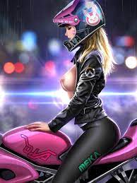1girls areolae blonde hair breasts closed eyes d.va female female  only headgear helmet human jacket leather leather jacket liang xing  motorcycle nipples overwatch rain solo tagme vehicle 