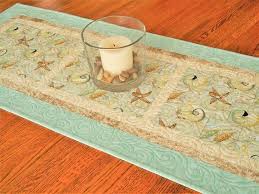 Seashells Table Runner In Aqua And Brown Quilted Table Summer Table Decorations Table Runners Quilted Table Runner