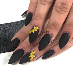 Everyone Jealous Coffin Shaped Black Sunflower Acrylic Nails Top 100 Majestic Black Nail Art Trendy Ideas Black Nails Nail Art Designs Winter Nails Holiday Nails Sunflower Nails Yellow Nails Cute Acrylic Nails