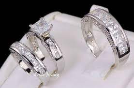 His Hers 3pc 925 Sterling Silver Matching Engagement Wedding Ring Set Size 9 Engagement Ring Matching Wedding Band Wedding Rings Sets His And Hers Wedding Ring Sets