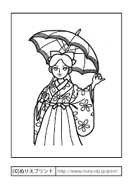 春のパラソル 主線 黒 女学生 おしゃれ 昔の塗り絵 ぬりえプリント 塗り絵 昔 ぬり絵