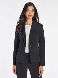 Petite One Button Double Seamed Blazer, Stretch Crepe in Black | Kasp