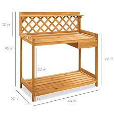 Let's build an outdoor potting bench. Best Choice Products Outdoor Garden Potting Bench Wooden Workstation Table W Cabinet Drawer Open Shelf Lower Storage Lattice Back Natural Pricepulse