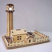 Wood lighthouse with light catching crystal, light catcher, lighthouse, crystal, prism, colorful, rainbow. Diy Wooden Solar Kits Lighthouse Toy Better