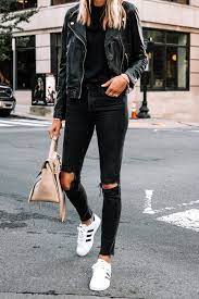 Fashion Jackson Wearing Madewell Black Leather Jacket Black Sweater Black Rippe Black Ripped Skinny Jeans Adidas Superstar Outfit Black Adidas Superstar Outfit