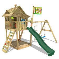 Une ossature en bois supporte deux planchers (bas et haut), un habillage en panneaux de contreplaqué, une toiture en planches façon bardage et à savoir; Aire De Jeux Bois Cabane Monkey Island Balancoire Cdiscount Jeux Jouets