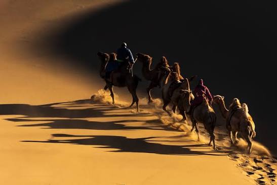Caravana atravesando el desierto de Taklamakán en Asia Central