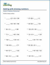 Free grade 5 mental math worksheets to help your students develop their efficiency in mathematics. Grade 5 Addition Worksheets Missing Addend Problems K5 Learning