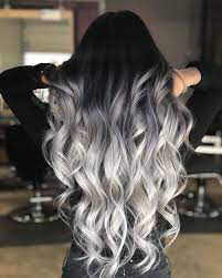 Long Silver Ombre With Stretched Black Roots Hair Styles Grey Ombre Hair Long Hair Styles