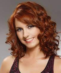 Medium Curly Copper Red Hairstyle With Side Swept Bangs Medium Curly Hair Styles Medium Hair Styles Curly Hair Styles