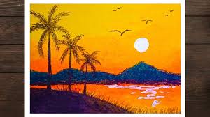 How to draw easy and simple scenery for beginner with oil pastels. Drawing A Sunset